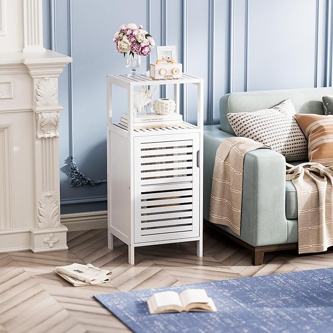 HITNET Bamboo Bathroom Storage Cabinet, 4 Tier Small White Floor Cabinet with Single Door, Free Standing Slim Narrow Storage Organizer for Bedroom Living Room