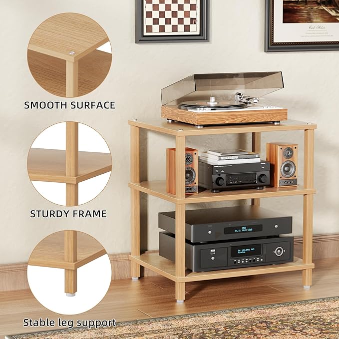 3-Tier AV Media Player Stand, Natural Stereo Cabinet, Modern Audio Shelf, Wooden TV Stand,Game Console Shelf, Multifunctional Entertainment Center, Suitable for Home, Conference Room, Game Studio-NeatNest