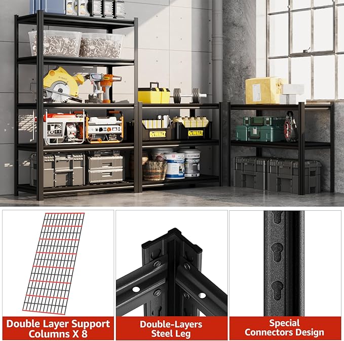 5 Tier Metal Storage Shelves, 72" H x 47.24" W x 17.72" D, 2500LBS Adjustable Shelving Unit for Warehouse, Office, Kitchen, Entryway, Pantry, Living Room, Laundry Room, Garage Shelving, Black-NeatNest