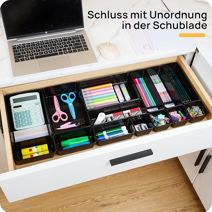Vtopmart 25 PCS Office Desk Drawer Organizers Set, 4-Size Versatile Plastic Drawer Organizer Trays, Storage Bins for Desk Accessories Office Organizers and Storage, Bathroom, Makeup, Vanity, Black-NeatNest