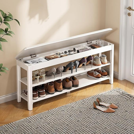 Shoe Rack Bench Seat Rubberwood 2-Tier Wooden Storage Bench 550lbs Compact Mid-Century Modern Design for Entryway, Hallway, Closet, Front Door Entrance, Foyer-NeatNest