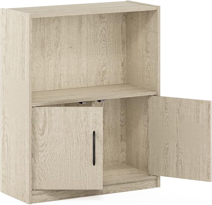 Furinno Gruen 2-Tier Open Shelf Bookcase with 2 Doors Storage Cabinet, Metropolitan Pine