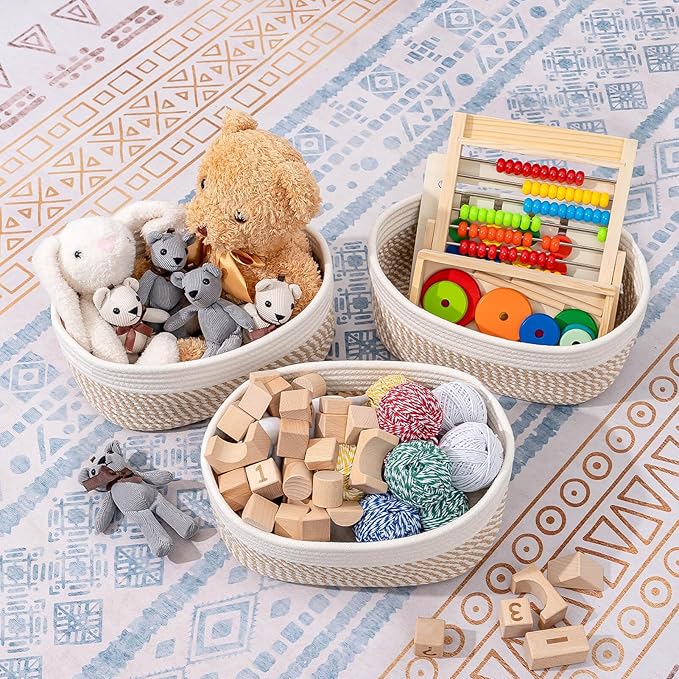 CubesLand Small Storage Baskets for Shelves, Closet Organization Bins Empty Gift Basket 2 Packs Baby Nursery Woven Organizing, Rectangular Clothes Shelves Off White/Mixed Camel-NeatNest