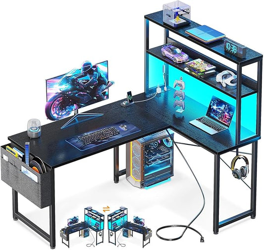 Casaottima Gaming Desk with Power Outlets & LED Lights, 43 Inch Reversible L Shaped Computer Desk with Shelves & Storage Bag, Corner Desk for Home Office, Black-NeatNest
