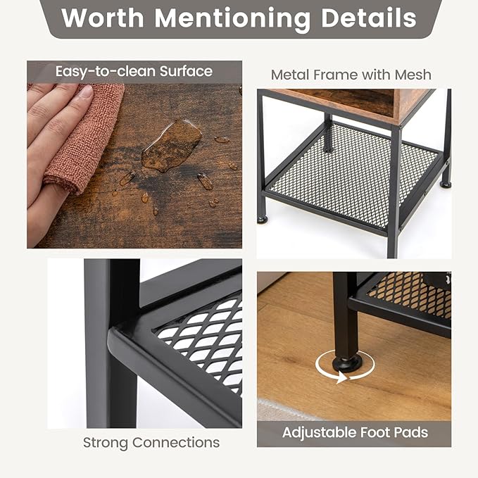 Giantex 2-Tier Side Table, Industrial End Table with Open and Mesh Storage Shelf, Stable Metal Frame, Telephone Table for Small Space, Bedside Table Night Stand for Living Room Bedroom, Rustic Brown
