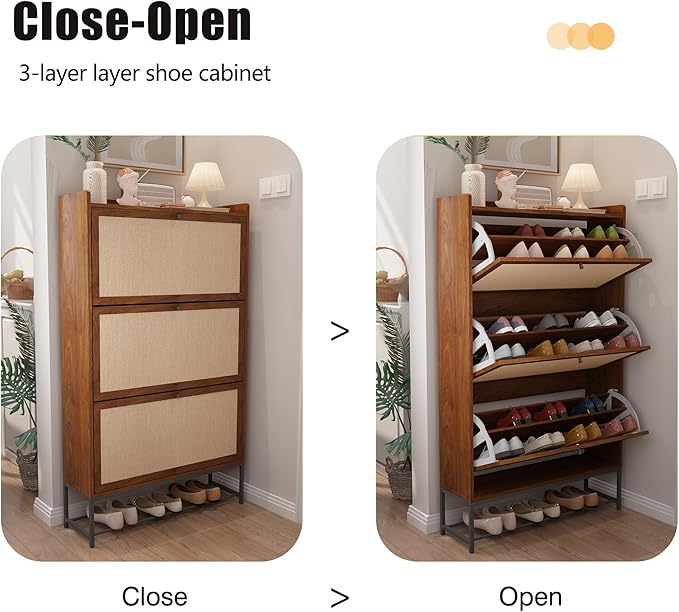 AVZEAR Narrow Shoe Storage Cabinet with 3 Flip Drawers, Freestanding Wooden Closed Shoe Rack, Slim Cabinet Storage for Entryway, Hallway, Living Room (Walnut)-NeatNest