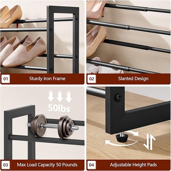 FAVOOSTY 4-Tier Expandable Shoe Rack, Adjustable Shoe Shelf Storage Organizer Space Saving Metal Free Standing Shoe Rack for Entryway Closet Doorway, Black-NeatNest