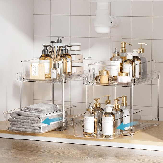Vtopmart 4 Pack Bathroom Organizer, 2 Tier Clear Under Sink Organizers Vanity Countertop Storage Container,Cabinet Drawers Bins, Pull-Out Organization with Track for Pantry, Kitchen-NeatNest