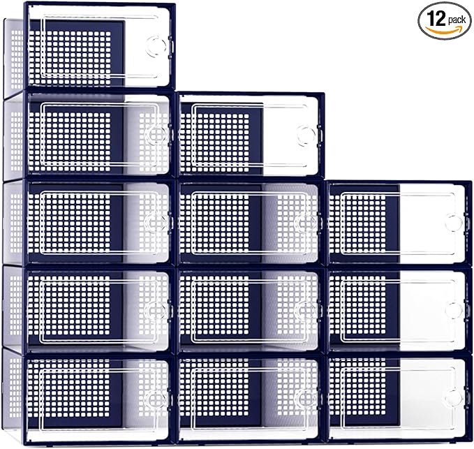 Kuject X-Large Shoe Storage Boxes Organizers Clear Plastic Stackable 12 Pack, Shoe Rack & Holder Substitute, Sneaker Containers, Toy Storage Organizer Bins for Entryway, Closet, Under Bed, Blue-NeatNest
