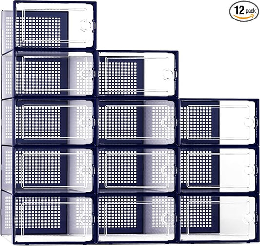 Kuject X-Large Shoe Storage Boxes Organizers Clear Plastic Stackable 12 Pack, Shoe Rack & Holder Substitute, Sneaker Containers, Toy Storage Organizer Bins for Entryway, Closet, Under Bed, Blue-NeatNest