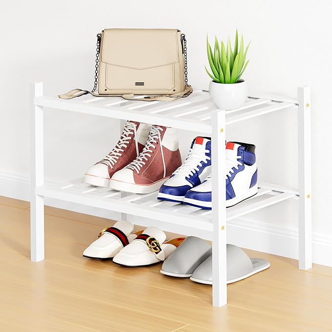 Smiry Shoe Rack, 2 Tier Small Bamboo Shoe Organizer, Stackable Free Standing Wooden Shoe Storage Shelf for Closet, Entryway, Front Door Entrance, White-NeatNest