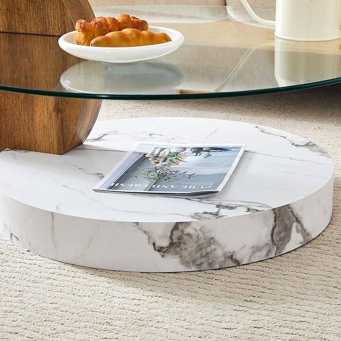 Glass Coffee Tables Round Coffee Tables for Living Room Modern 3 Tier Round Table Circle Coffee Table for Small Space Home Office (35.4 Inch White + Wood)