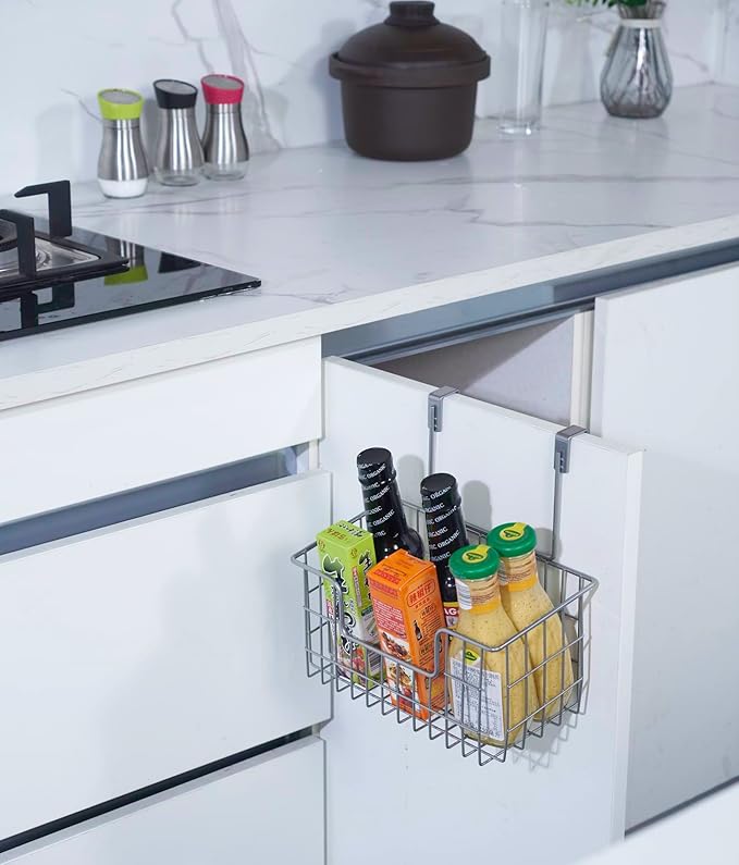 Wire Hanging Storage Basket 2 Packs, Wall Mounted Kitchen Bathroom Storage Basket, Home Multi-Functional, no Punching, Bearing Strong, Suitable for Home, Office,Black