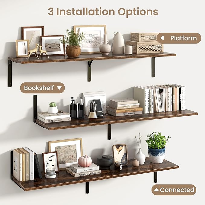 Floating Shelves for Wall, 12 Inch Deep Floating Shelves Set of 2, Wall Mounted Shelf with Metal Brackets, Rustic Wood Wall Shelf for Bathroom, Kitchen and Living Room, Rustic Brown, 55W x 12D-NeatNest