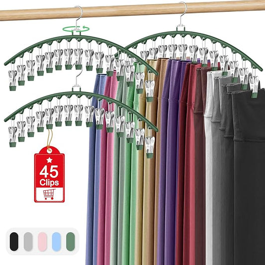 3 Pack Legging Organizer for Closet Hanging, Pants Hangers with 15 Clips Holds 45 Leggings, Shorts, Skirts, Jeans, Hats, Pants Hangers Space Saving Clothes Racks Closet Organizers and Storage, Green-NeatNest