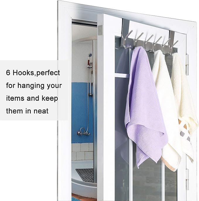 WEBI Over The Door Hooks Door Hanger:Over The Door Towel Rack with 6 Hooks for Hanging,Door Coat Hanger Towel Hanger Over Door Coat Rack for Towels,Clothes,Silver,2 Packs