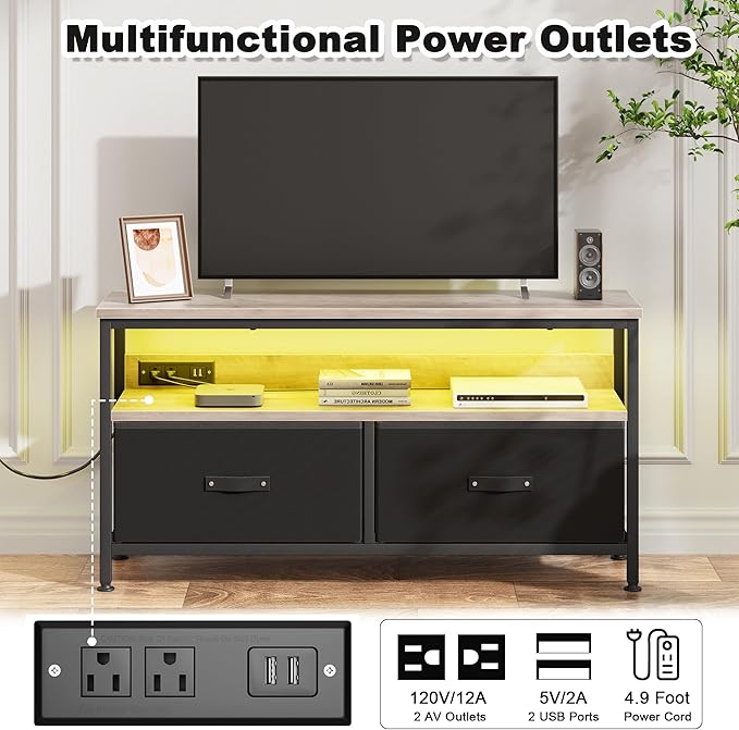 39" Dresser TV Stand for TVs up to 50", Media Console with LED Lights, Charging Station & 2 Drawer Storage Chest, Gaming Entertainment Center with Storage for Bedroom (Grey, 39 in)-NeatNest