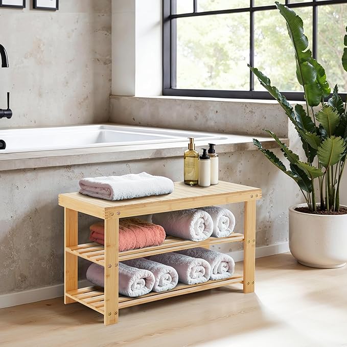 Simple Deluxe Shoe Rack Bench, 3-Tier Bamboo Storage Organizer, 286lb Capacity Entryway Bench for Front Door, Bedroom, Living Room, Bathroom, Balcony, Stylish Shoes Wood (11.3 x 27.6 x 17.8 Inches)