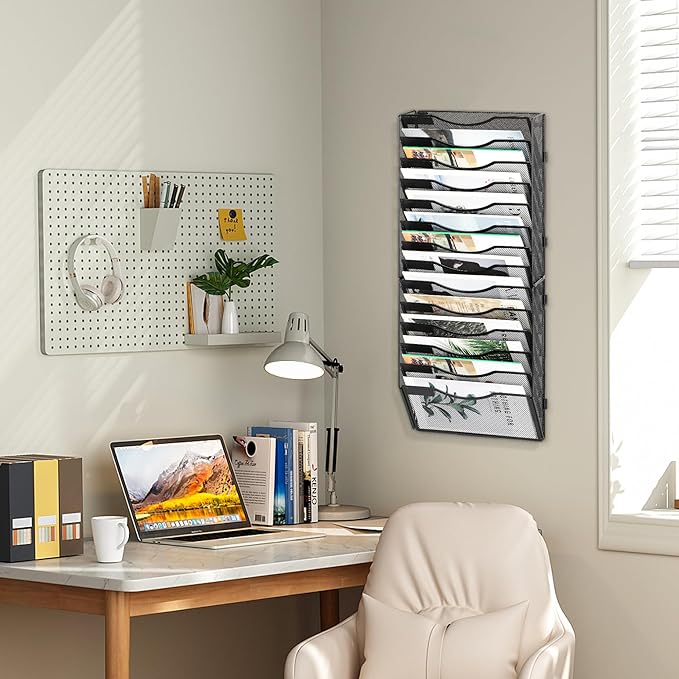 EasyPAG 14 Pocket Wall File Organizer, Black | Metal Mesh Wall Mounted File Holder | Assembly Hanging Mail Organizer | Replaceable Classify Labels | Office Home Letter Size Paper Storage