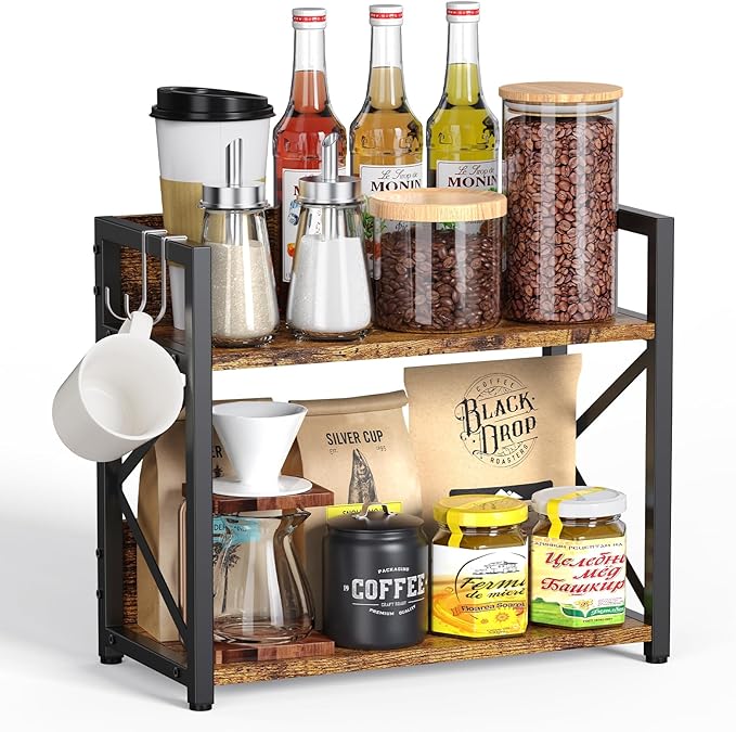 Coffee-Bar-Station-Organizer Shelf for Countertop, 2 Tiers Kitchen Counter Shelf Riser, Wooden Spice Rack Organizer, Coffee Bar Accessories(Rustic Brown, Large)-NeatNest