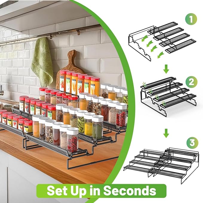 4 Tier Spice Rack Organizer for Inside Cabinet Expandable Display Riser Shelf Seasoning Organizer for Countertop Cupboard Pantry Adjustable Step Storage Holder with Protection Railing (Black, 2PC)-NeatNest