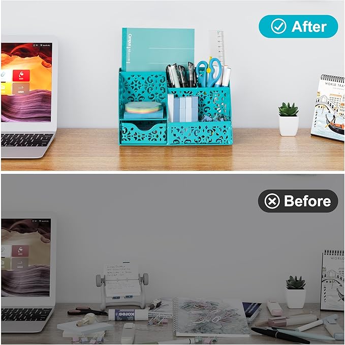 EasyPAG Desk Organizer with Sliding Drawer - 6 Compartments Metal Desktop Caddy, Decorative Elegant Hollow Flower Design, Anti-Scratch Pads for Home, Office, School, Dark Teal-NeatNest