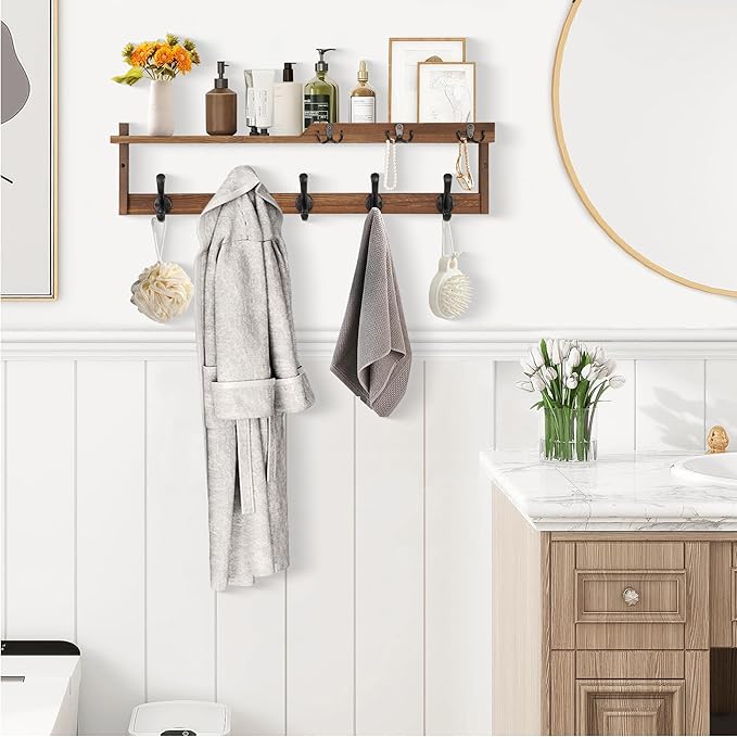 29'' Coat Rack Wall Mount with Shelf, Coat Hanger Wall Mount with Key Hooks and Mail Holder, Wood Entryway Floating Shelf with Hooks and Storage, Hat Rack for Wall Key Holder Mail Organizer