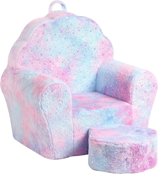 Kids Sofa with Ottoman, Shell-Like Sofa for Boys and Girls, Pink Tie Dye-NeatNest