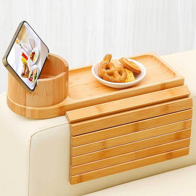 Couch Cup Holder Tray, 15.75" Bamboo Cup Holder for Couch, 3 in 1 Foldable Arm Chair Clip on Side Tray Table for Remote Snack Table on Armrest-NeatNest