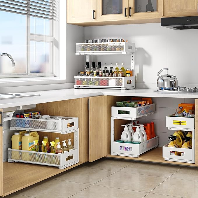 2-Pack Under Sink Organizers And Storage,Large Capacity 2-Tier Pull-Out Cabinet Organizer With Upgraded Tube Rails,Adjustable Height Sliding Drawers,Sturdy Mesh Shelves For Kitchen&Bathroom-White-NeatNest