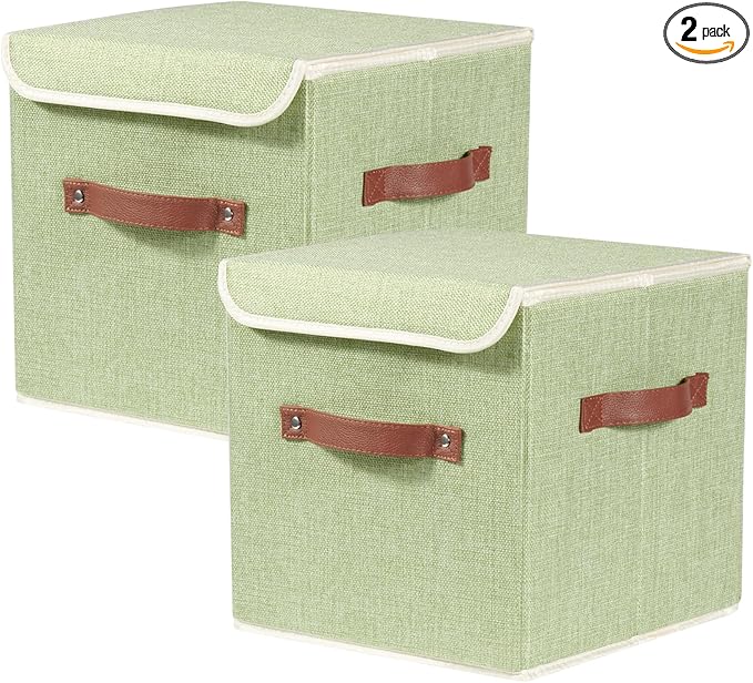 2PCS Storage Cubes with Lid Fabric Storage Bins Boxes PU Leather Handles Cotton Linen Closet Organizer Container Decorative Foldable Washable Shelf Cloth Basket (Flip-top Lid, Green, 11in)-NeatNest