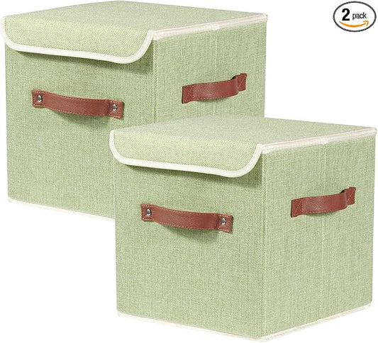 2PCS Storage Cubes with Lid Fabric Storage Bins Boxes PU Leather Handles Cotton Linen Closet Organizer Container Decorative Foldable Washable Shelf Cloth Basket (Flip-top Lid, Green, 11in)-NeatNest