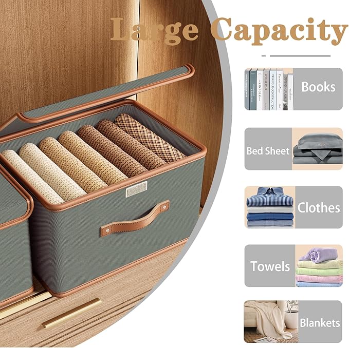 Tuza 4 Pack Storage Bins with Lids, Collapsible Closet Organizer Container, Fabric Organizer Box with Handles, Decorative Storage Boxes with Lids for Organizing Clothes, Blanket, Grey, Extra Large-NeatNest