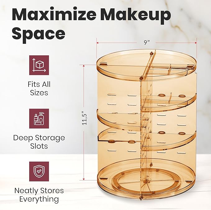 360 Rotating Makeup Organizer - Adjustable Shelf Height and Fully Rotatable - The Perfect Round Spinning Cosmetic Organizer for Bedroom Dresser or Vanity Countertop Storage (Brown)-NeatNest