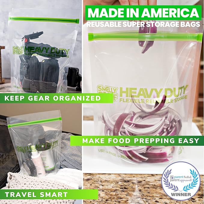 HEAVY DUTY Reusable STAND-UP Ziplock Bags for Food Storage by Smelly Proof, USA Made, NO PEVA & BPA FREE, Reusable Freezer Bags, Dishwasher-Safe, Triple Zip, CLEAR 5-mils LRG Quart 8.5" x 10" - 5pk