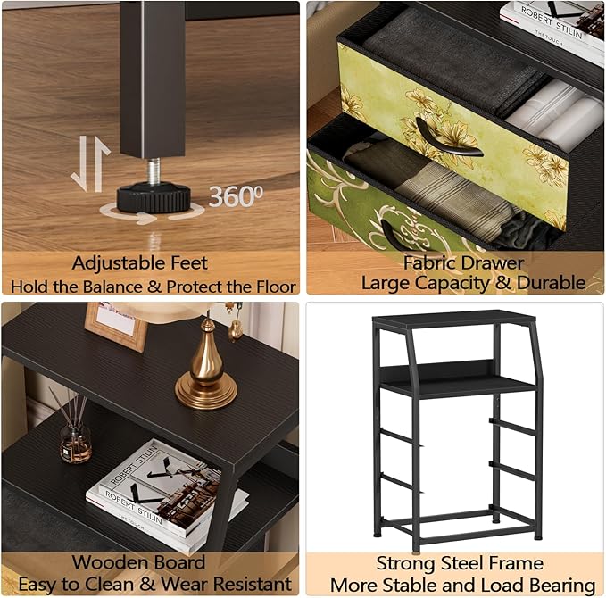 Furnulem Retro Night Stand with 3 Drawers and 2-Tier Shelf, Small Nightstand Side Table, Vintage Storage Dresser for Bedroom, Fabric Drawer Organizer for Closet, Beside Furniture-NeatNest