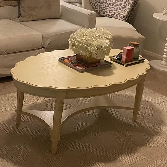 KEVINSPACE 50" Oval Coffee Table for Living Room, 2-Tier Solid Wood Victorian Antique Ellipse Center Table with Storage Shelf, Traditional Elegant Vintage Style White