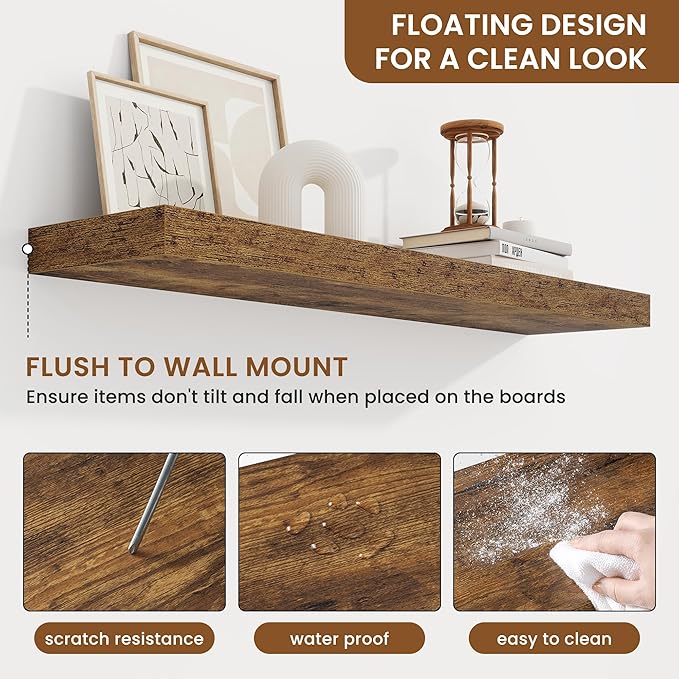 fuqing Floating Shelves for Wall, Bathroom Shelf Wall Mounted for Storage, Shelves with Invisible Bracket for Bedroom, Kitchen, Living Room, Farmhouse Small Book Shelf, 36 Inch Set of 2, Rustic Brown-NeatNest