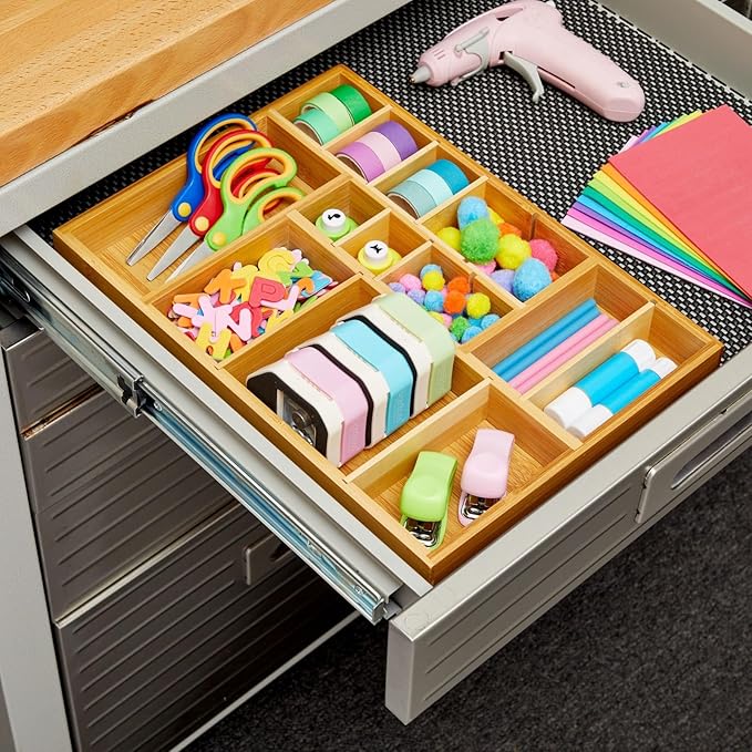 Juvale Drawer Organizer Tray - 14 x 10 x 2 In Brown Bamboo - 8 Adjustable Dividers for Custom Storage - Silverware & Utensil Organizer - Desk Drawer Divider - Versatile Wooden Divided Tray-NeatNest