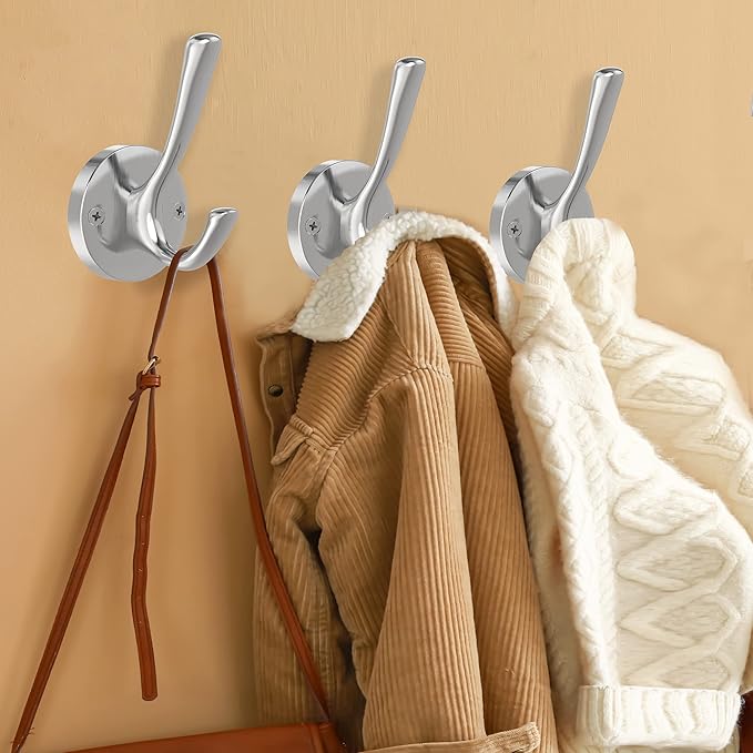 Brushed Nickel Robe Hooks Towel Hooks, 3 Pack Coat Hook Heavy Duty Mudroom Hook Double Bathrobe Hook Wall Mounted, Hat Hooks for Entryway Bathroom Kitchen Closet-NeatNest