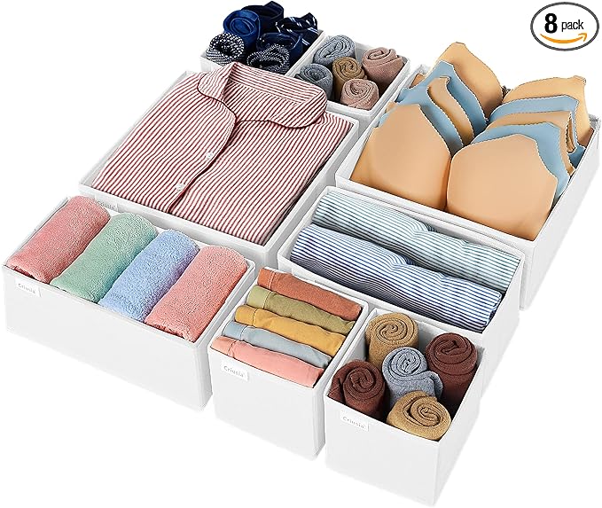 Criusia Drawer Organizer Clothes, 8 Pack Underwear Drawer Organizer, Foldable Closet Organizers and Storage Dresser Drawer Dividers for Clothes, Socks, Scarves, Ties (White)-NeatNest