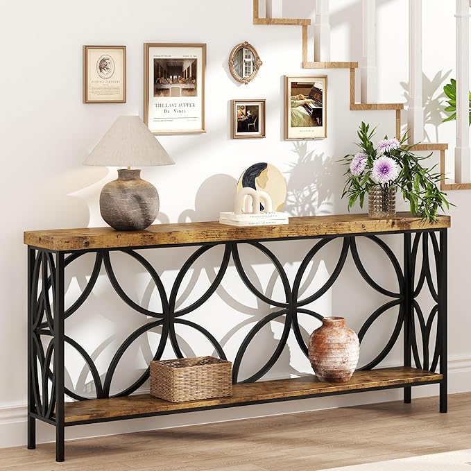 karlott 70.9 inch Extra Long Console Table, Industrial Sofa Table Behind Couch with 2 Tier Storage Shelf, Narrow Long Entryway Table for Living Room, Foyer, Hallway, Office, Rustic Brown-NeatNest