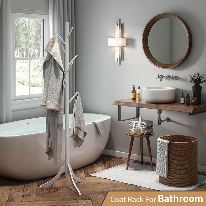 Coat Rack Freestanding, Coat Stands Entryway, Bamboo Coat Rack Hat Hanger 8 Hook for Jacket, Purse, Scarf Rack, Umbrella Tree Stand (White)-NeatNest