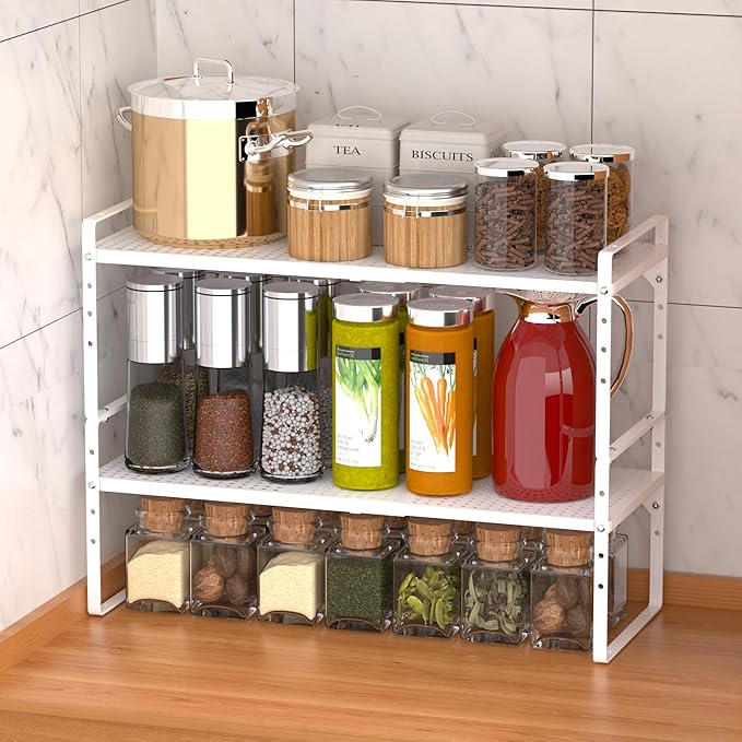iPEGTOP Large Expandable Cabinet Storage Shelf Organizer Rack, Heavy Duty Stackable Steel Metal Spice Rack Adjustable Height Home Office Pantry Garage Shelf for Counter Kitchen, White - 1 Pack-NeatNest