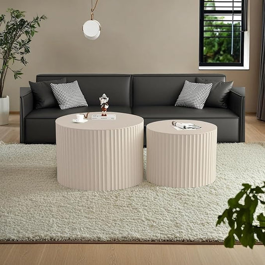 Modern Round Nesting Coffee Table Set of 2, Vertical Stripe Design Drum Coffee Table Cocktail Table, Round Side Table for Living Room, Bedroom, Office, Balcony (E19.7+27.6")