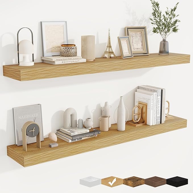 fuqing Floating Shelves for Wall, Bathroom Shelf Wall Mounted for Storage, Shelves with Invisible Bracket for Bedroom, Kitchen, Living Room, Farmhouse Small Book Shelf, 48 Inch Set of 2, Oak-NeatNest