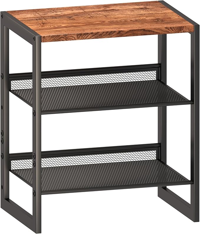 Narrow 3-Tier Shoe Rack, Slim Space-Saving Shelf with Decorative Wood Top & Steel Mesh, Entryway/Closet/Dorm Organizer, 16.5x11.8x19.8 Inches-NeatNest