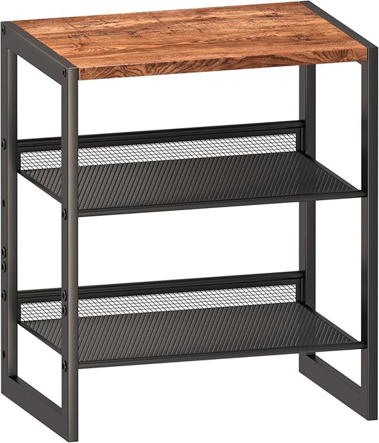 Narrow 3-Tier Shoe Rack, Slim Space-Saving Shelf with Decorative Wood Top & Steel Mesh, Entryway/Closet/Dorm Organizer, 16.5x11.8x19.8 Inches-NeatNest
