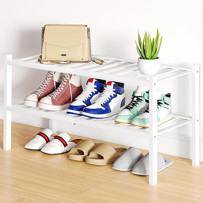 Smiry Shoe Rack, 2 Tier Bamboo Shoe Organizer, Stackable Free Standing Wooden Shoe Storage Shelf for Closet, Entryway, Front Door Entrance, White-NeatNest