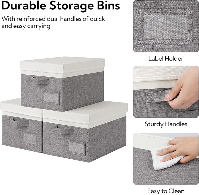 GRANNY SAYS Storage Bins with Lids, Storage Box, Collapsibe Storage Bins, Clothes Organizers and Storage, Storage Bins for Shelves, Decorative Storage Boxes with Lids, 3-Pack, Gray&Ivory-NeatNest